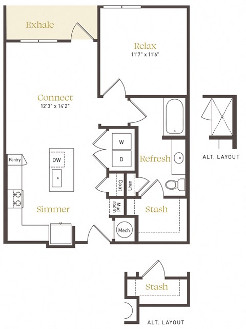 Floor plan for 1 bed, 1 bath, 744 sqft